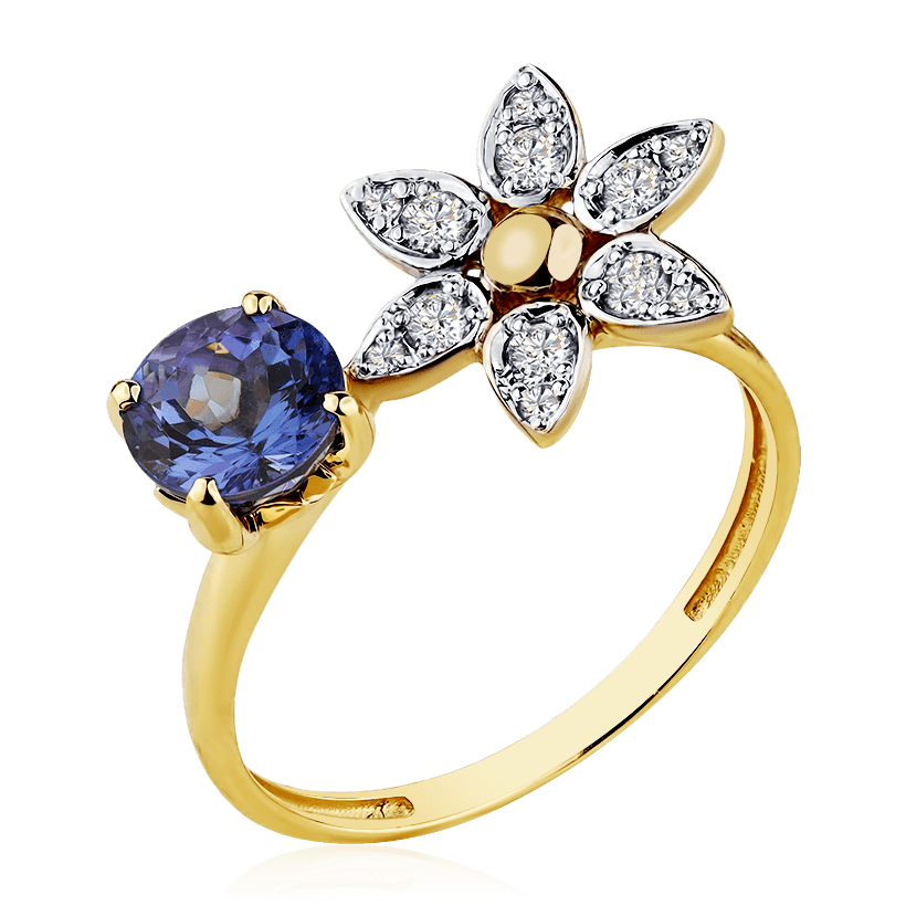Кольцо цветок с танзанитом, бриллиантами из желтого золота 585 пробы, фото № 1