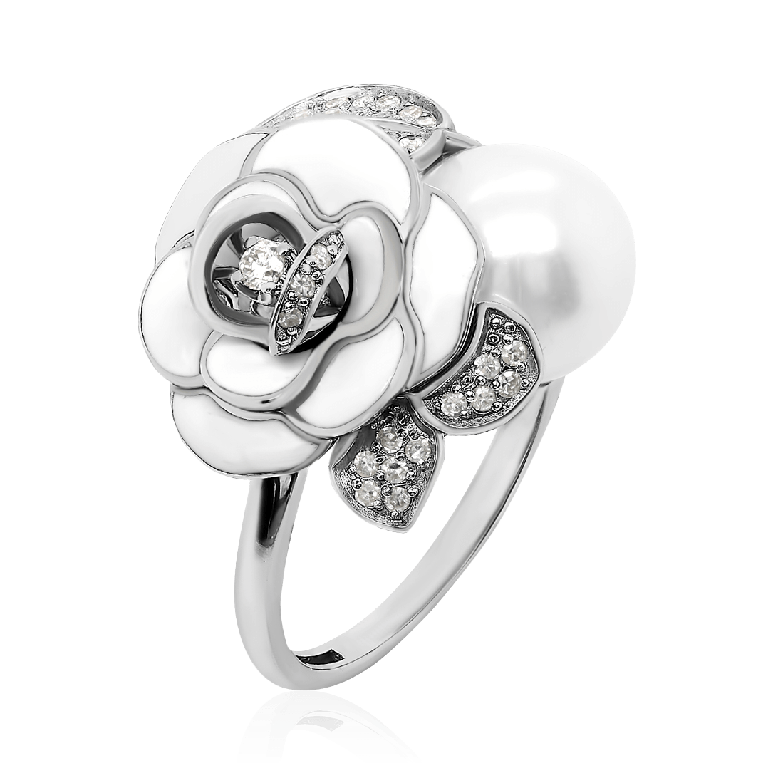 Кольцо в виде цветка с жемчугом, бриллиантами из белого золота 585 пробы (арт. 104024)