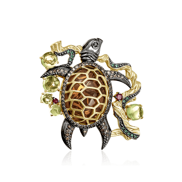 Брошь Черепаха с бриллиантами, изумрудом, хризолитом, турмалином из красного золота 585 пробы (арт. 38062)
