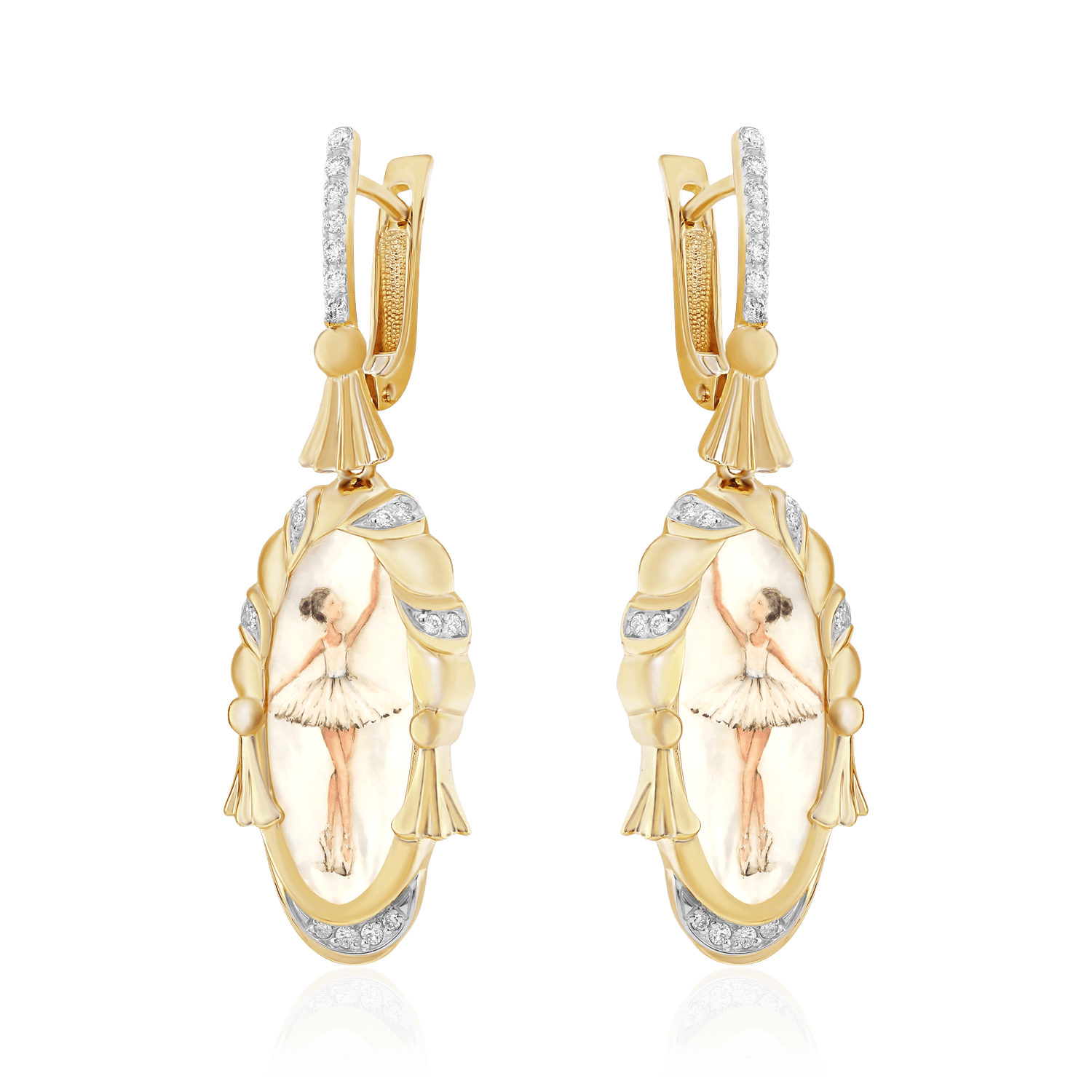 Серьги Балерина с перламутром, бриллиантами из желтого золота 585 пробы (арт. 104185)