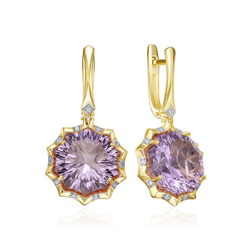 Серьги с аметистом, бриллиантами из желтого золота 585 пробы (арт. 132093)