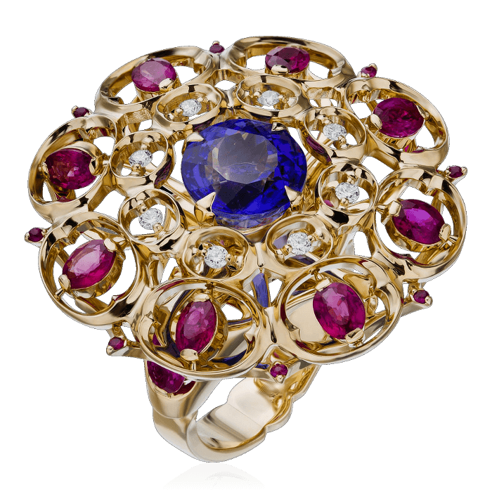 Кольцо с танзанитом, рубином, бриллиантами из желтого золота 750 пробы, фото № 1