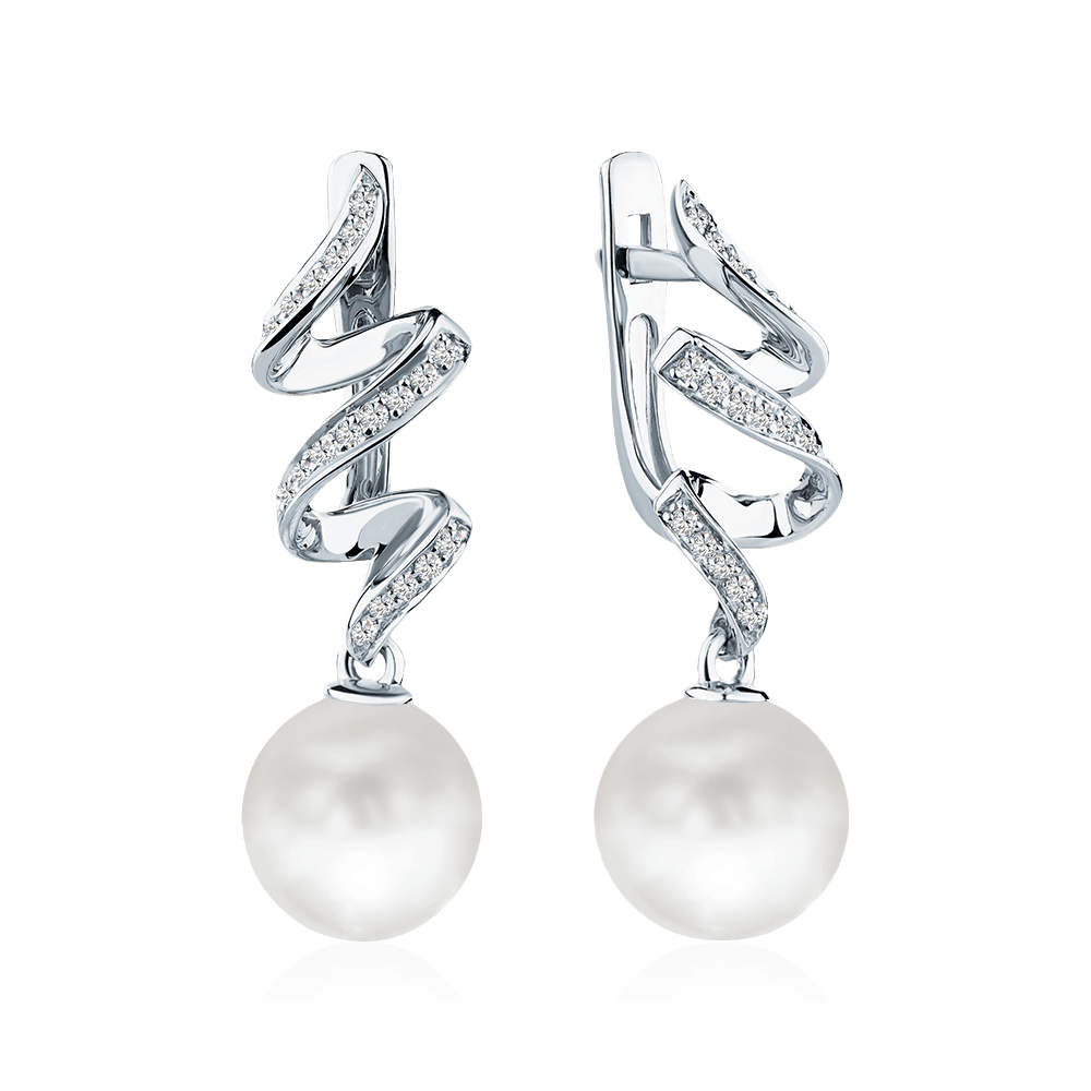 Серьги с бриллиантами, жемчугом из белого золота 585 пробы, фото № 1