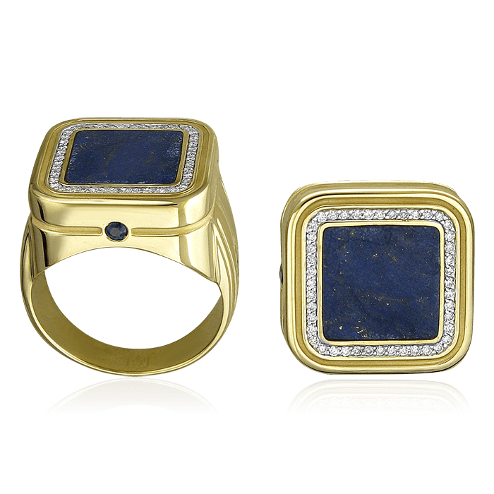 Печатка с лазуритом, сапфиром, бриллиантами из желтого золота 585 пробы (арт. 63424)
