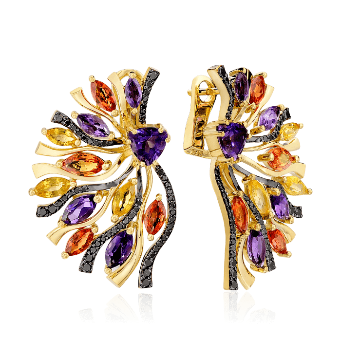 Серьги с цветными сапфирами, бриллиантами, аметистом из желтого золота 750 пробы (арт. 36234)