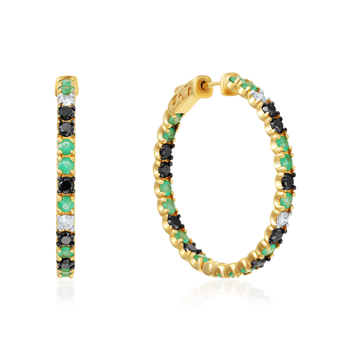 Серьги конго с изумрудами, белыми и черными бриллиантами из желтого золота 585 пробы, фото № 1