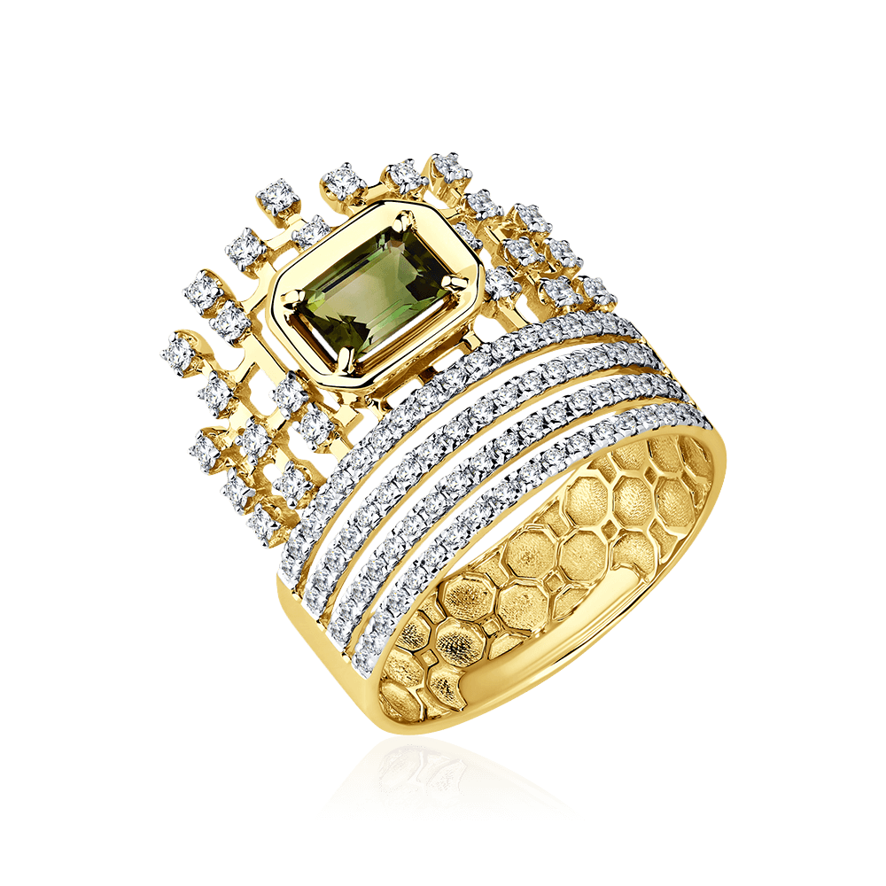 Кольцо с турмалином, бриллиантами из желтого золота 585 пробы (арт. 103352)