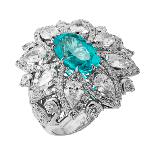Кольцо с турмалином параиба, бриллиантами из белого золота 750 пробы (арт. 56490)