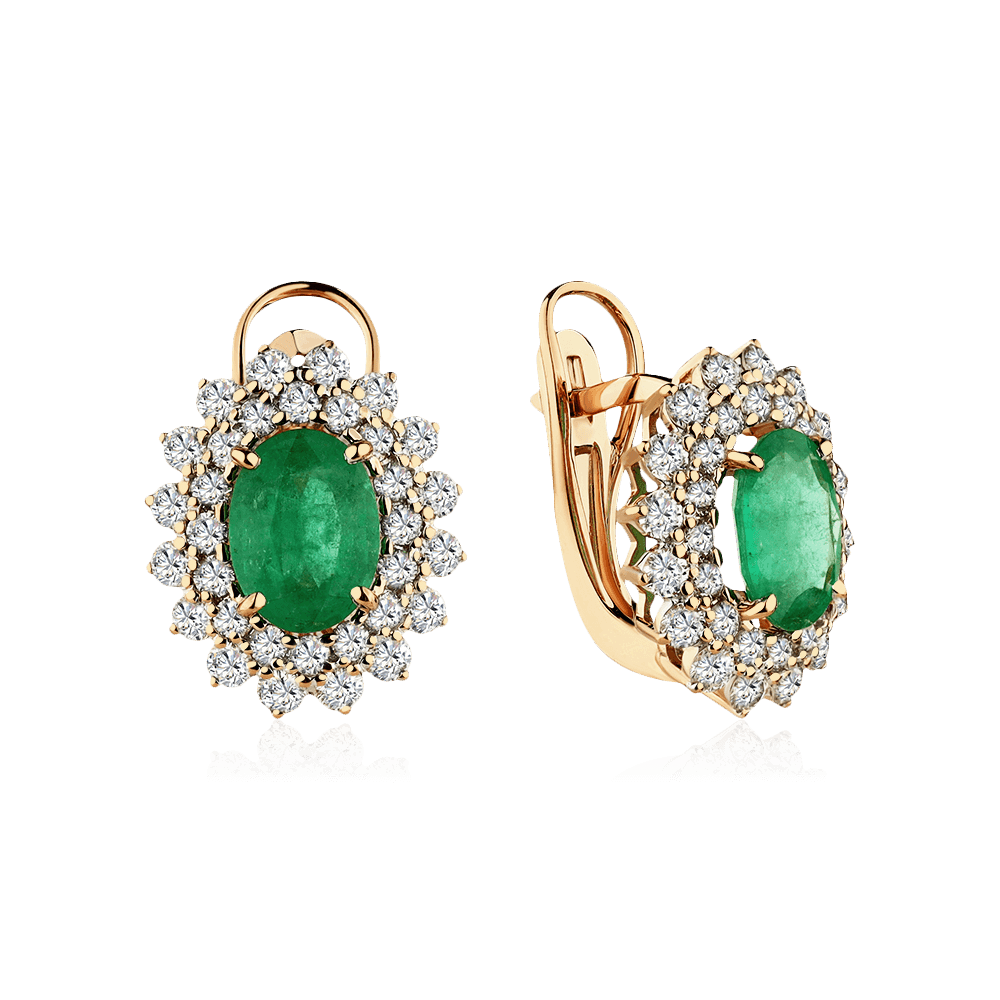 Серьги с изумрудом, бриллиантами из красного золота 585 пробы (арт. 96890)