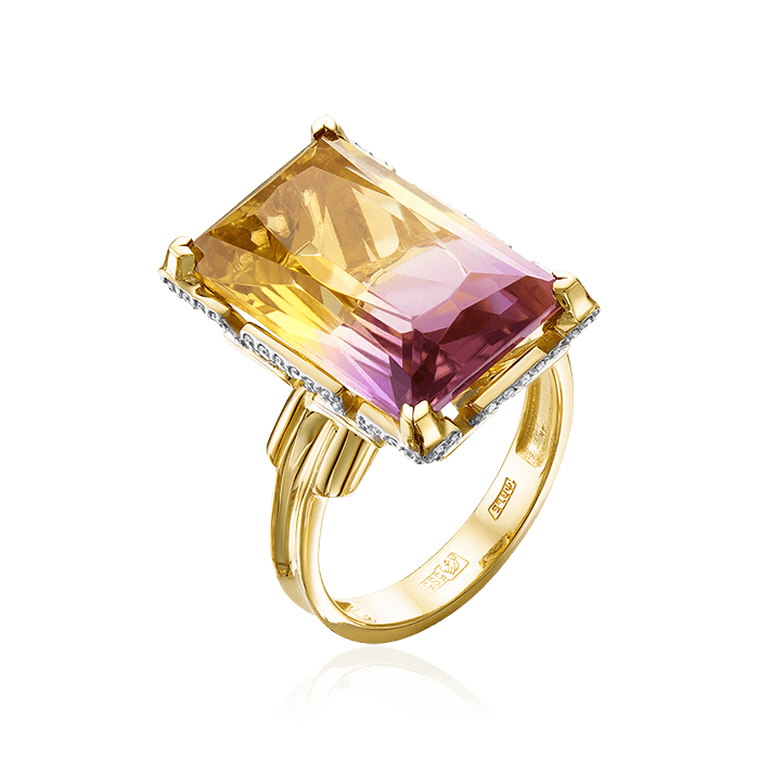 Кольцо с аметрином, бриллиантами из желтого золота 585 пробы, фото № 1