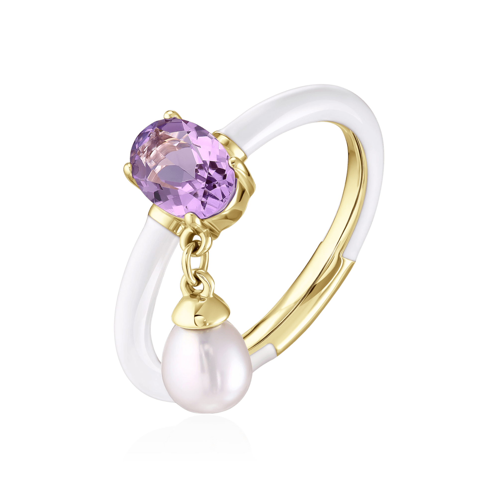 Кольцо с аметистом, жемчугом из желтого золота 585 пробы (арт. 130955)