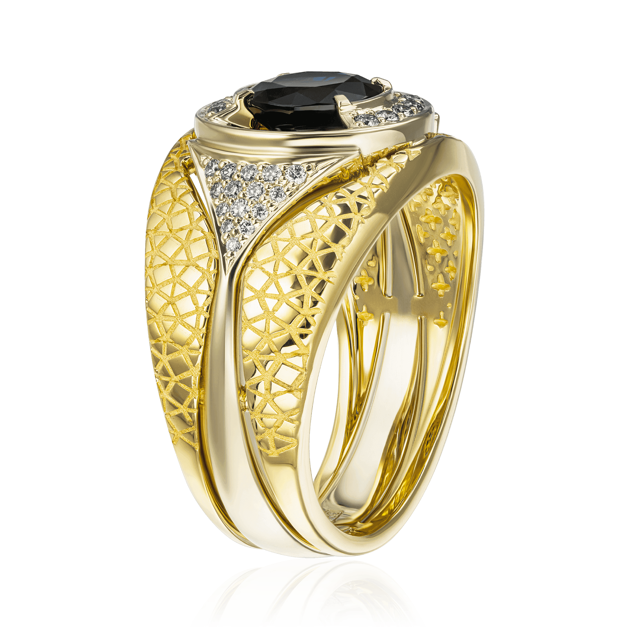 Мужское кольцо с сапфиром, бриллиантами из комбинированного золота 750 пробы, фото № 3