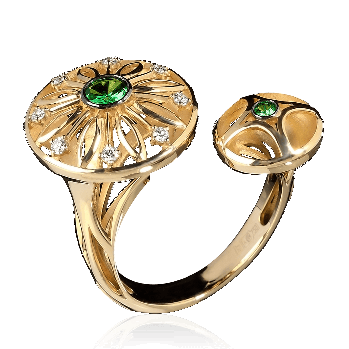 Кольцо с тсаворитами, бриллиантами в желтом золоте 750 пробы, фото № 1