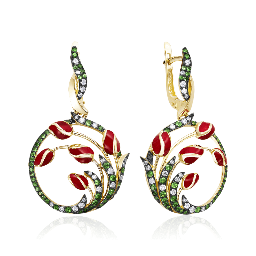 Серьги Тюльпаны с бриллиантами, эмалью, тсаворитом из желтого золота 585 пробы (арт. 85190)