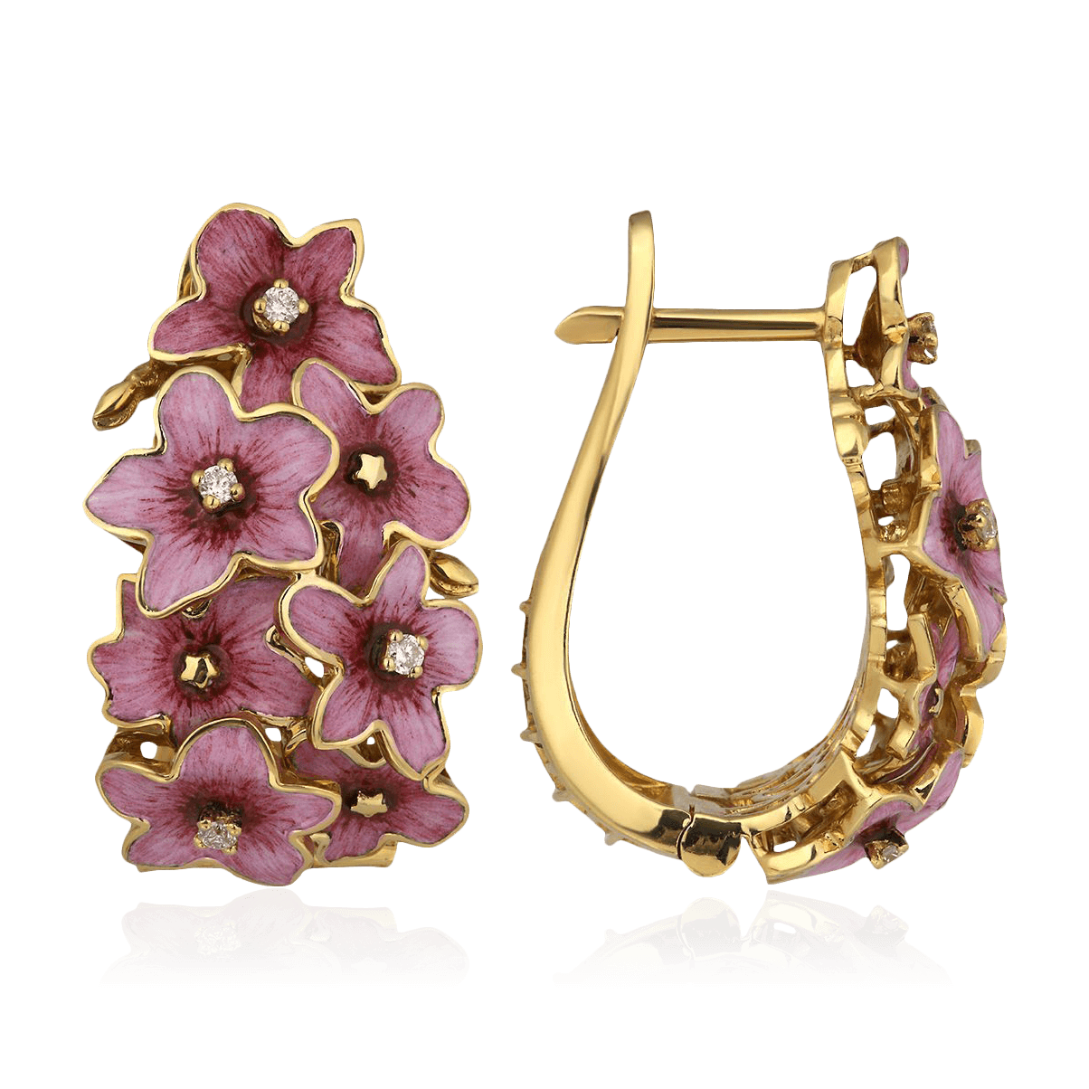 Серьги Цветы с бриллиантами, эмалью из желтого золота 750 пробы, фото № 1