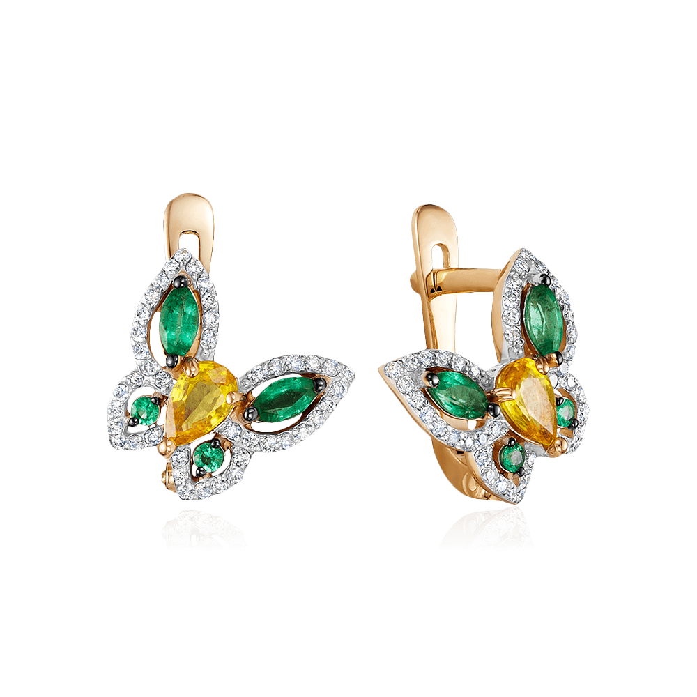 Серьги Бабочки с сапфиром, изумрудом из красного золота 585 пробы, фото № 1