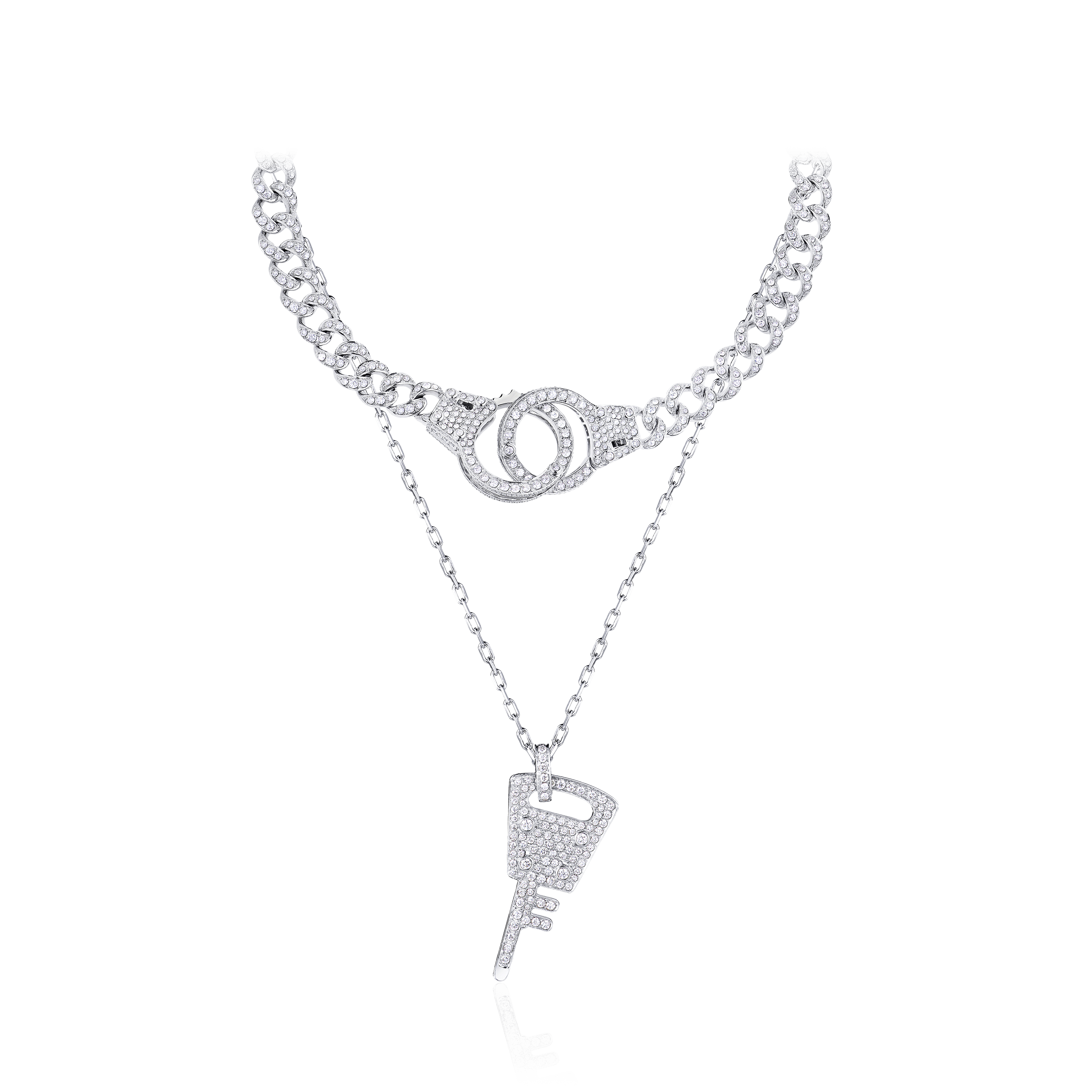 Колье в виде наручников и ключа с бриллиантами из белого золота 750 пробы, фото № 1