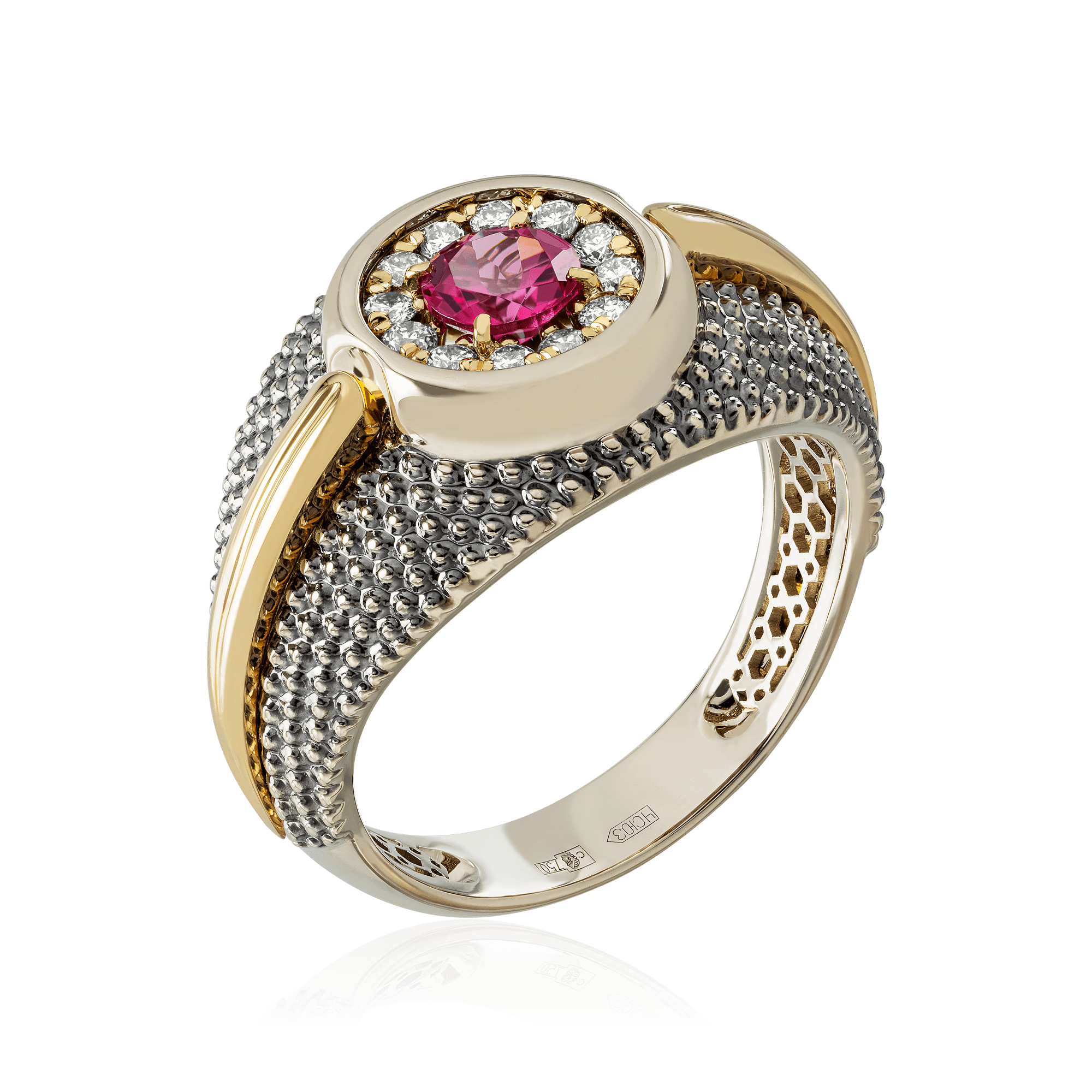 Кольцо с шпинелью, бриллиантами из комбинированного золота 750 пробы (арт. 90883)