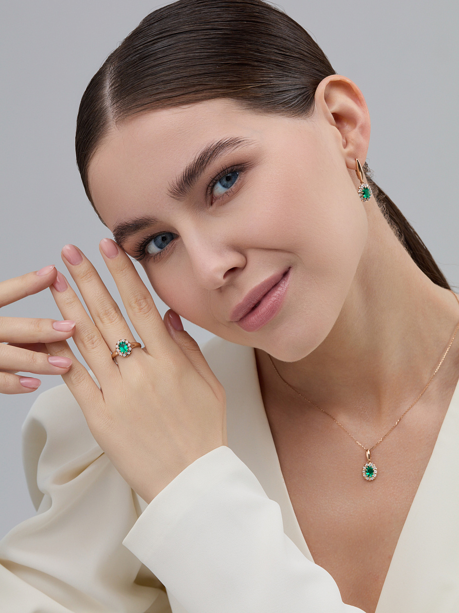 Серьги с бриллиантами, изумрудом из красного золота 585 пробы, фото № 8