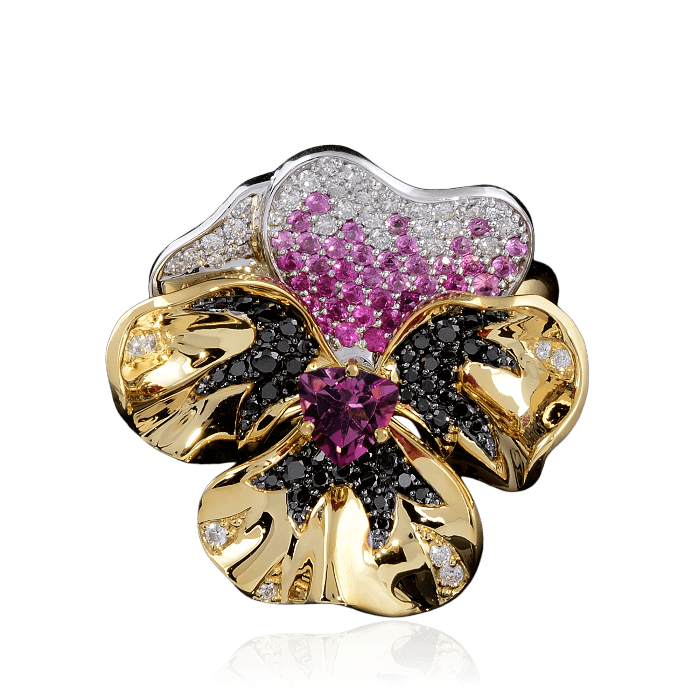 Кольцо цветок с турмалином, розовыми сапфирами, рубинами и бриллиантами из желтого золота 750 пробы, фото № 3