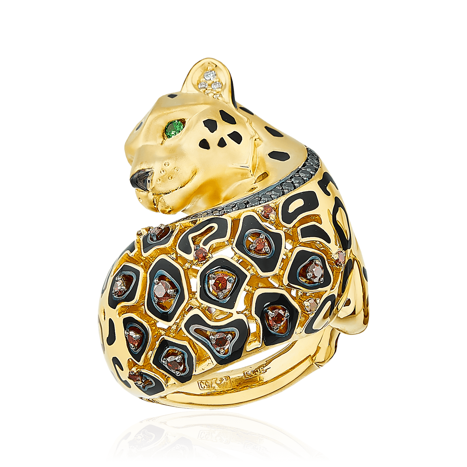 Кольцо Леопард с белыми и коньячными бриллиантами, тсаворитами, эмалью из желтого золота 750, фото № 1