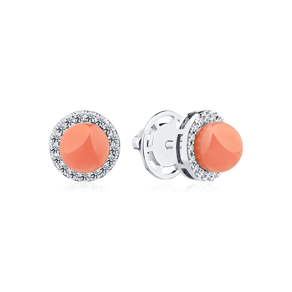 Серьги с бриллиантами, кораллом из белого золота 585 пробы (арт. 126317)
