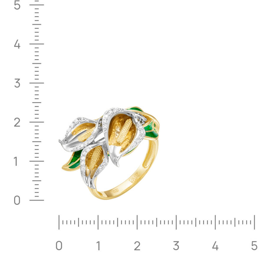Кольцо Каллы с зелеными сапфирами, бриллиантами, эмалью из желтого золота 585 пробы, фото № 2