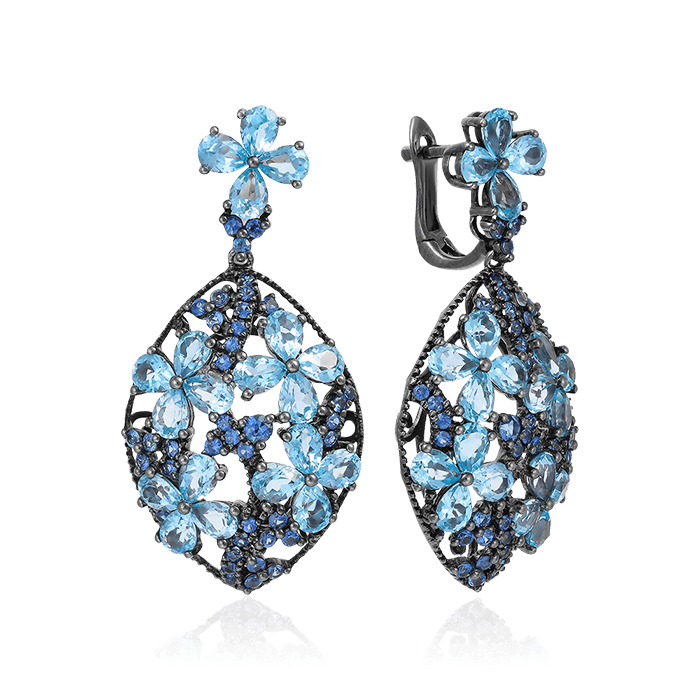 Серьги "цветы" с топазом, сапфиром из белого золота 585 пробы (арт. 65659)