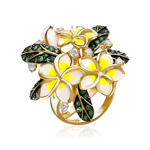 Кольцо Цветы с тсаворитом, бриллиантами, эмалью из желтого золота 585 пробы, фото № 1