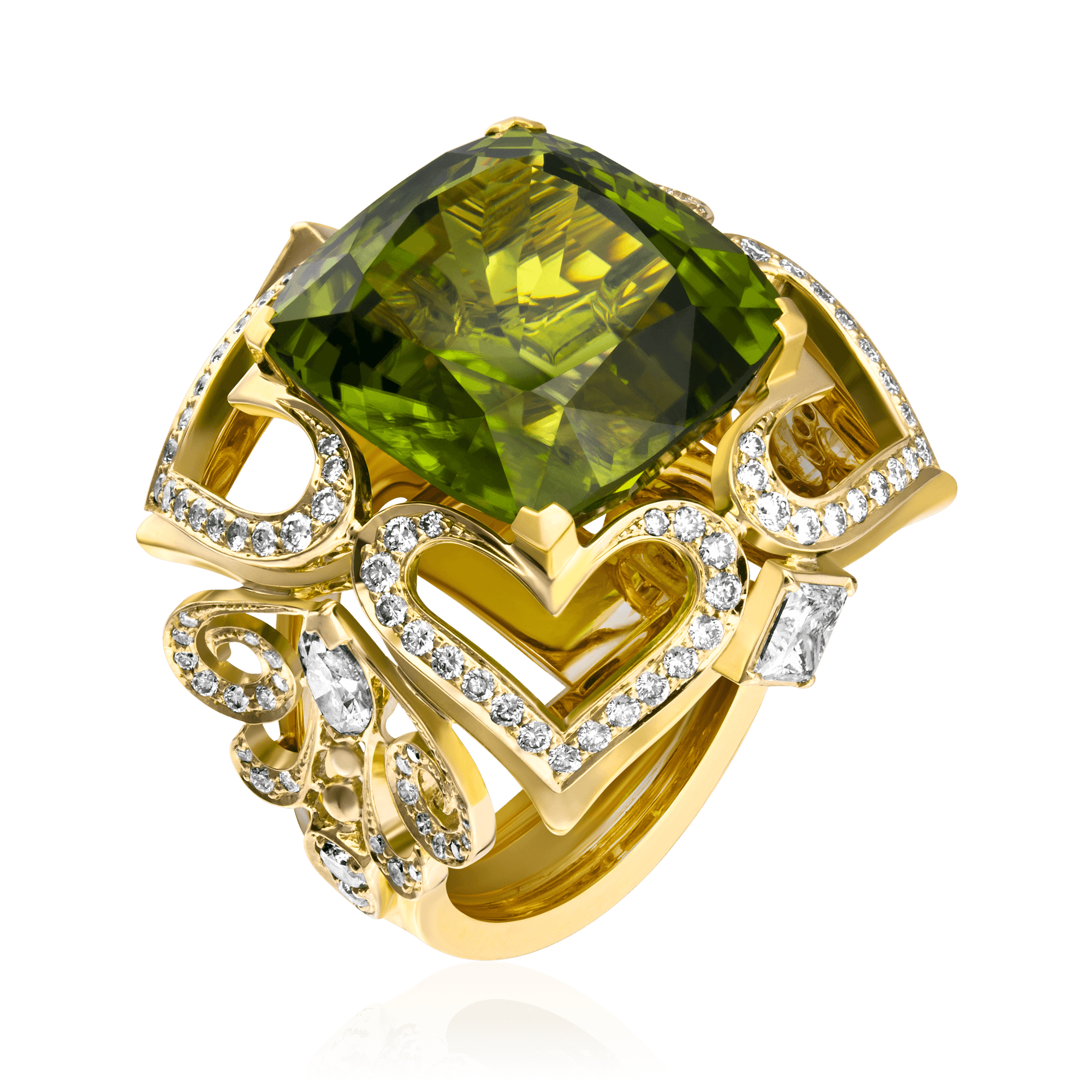 Кольцо с хризолитом, бриллиантами из комбинированного золота 750 пробы, фото № 1