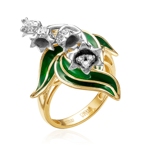Кольцо Ландыш с бриллиантами, эмалью из желтого золота 585 пробы, фото № 1