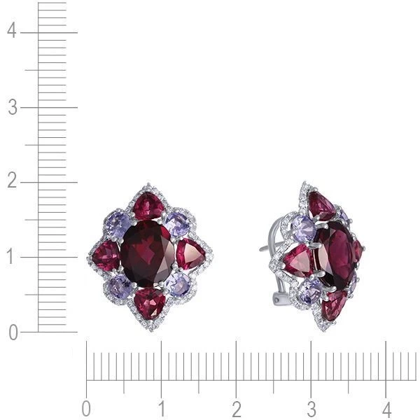 Серьги с танзанитом, родолитом, бриллиантами из белого золота 585 пробы, фото № 3