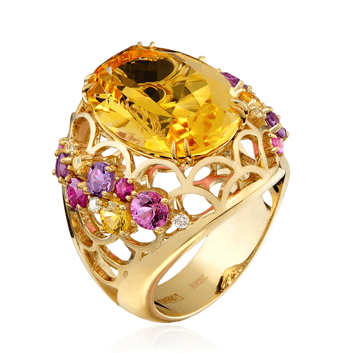 Кольцо с цитрином, бриллиантами, аметистом, рубином, сапфиром фантазийным из желтого золота 585 пробы (арт. 36193)