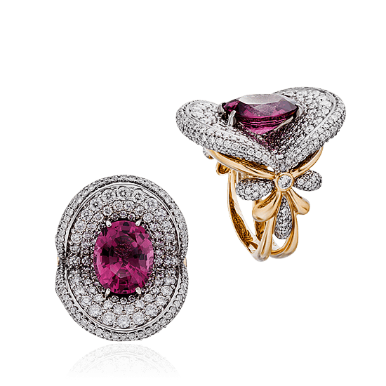 Кольцо с шпинелью, бриллиантами из розового золота 750 пробы, фото № 1