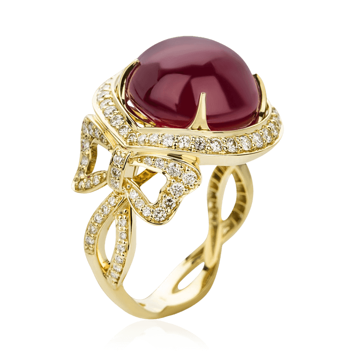 Кольцо в виде банта с рубином, бриллиантами из желтого золота 585 пробы, фото № 1
