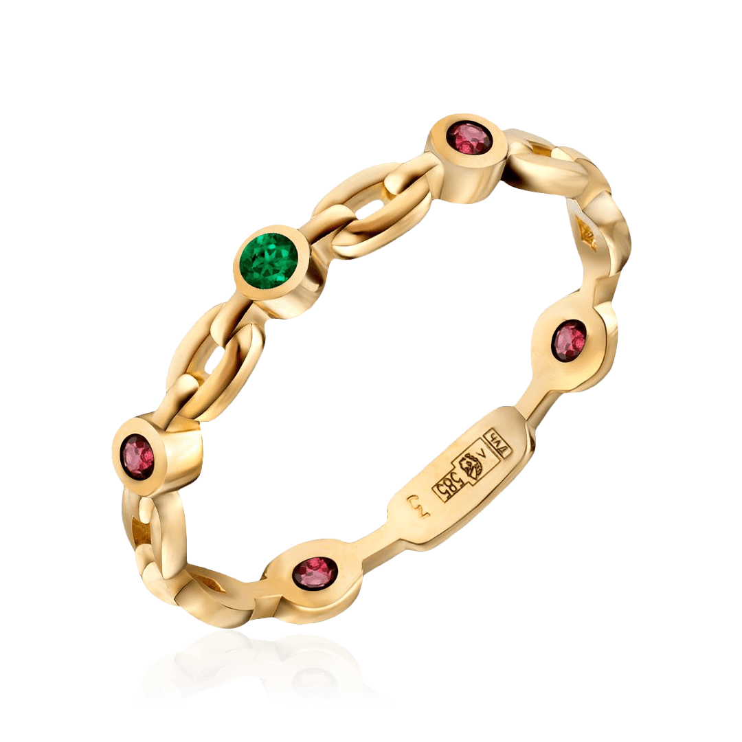 Кольцо с рубином, бриллиантами, изумрудом из желтого золота 585 пробы, фото № 1