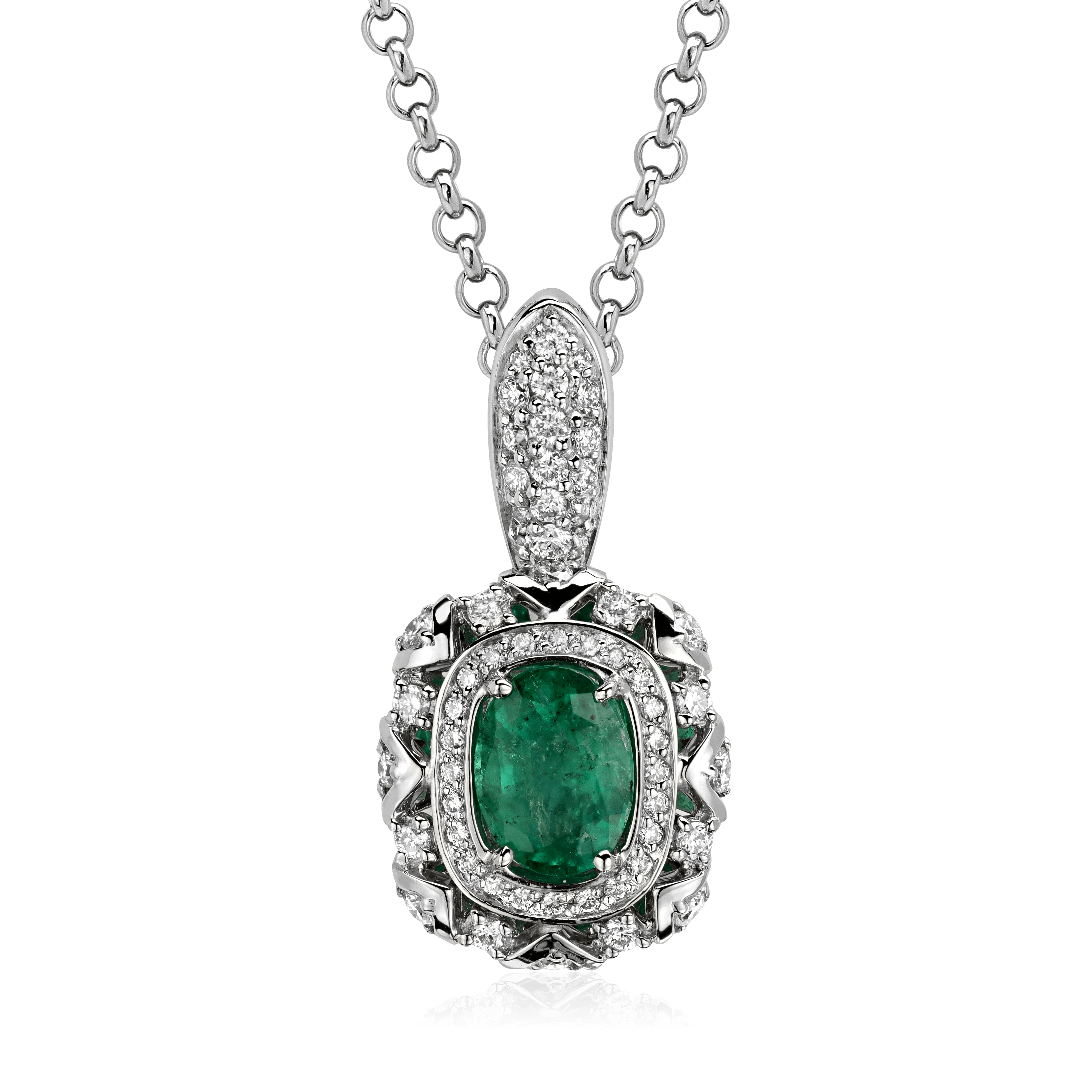 Колье с изумрудом, бриллиантами из белого золота 585 пробы, фото № 1