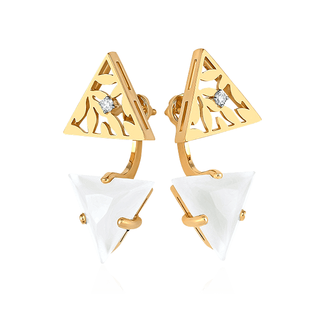 Серьги-джекеты из желтого золота 585 пробы с белыми агатами треугольной огранки и бриллиантами (арт. 45202)