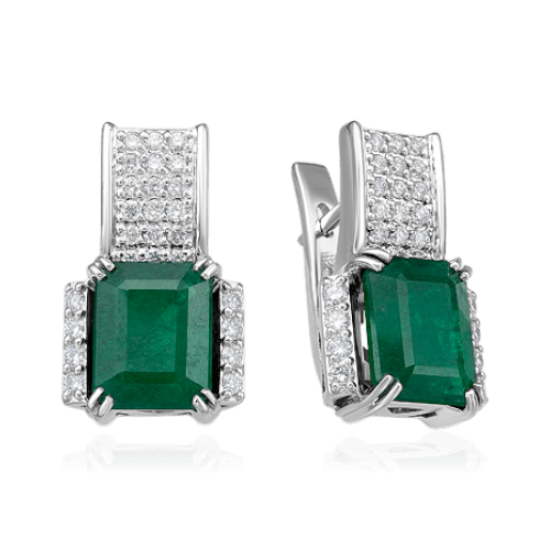 Серьги с изумрудом, бриллиантами из белого золота 585 пробы (арт. 132015)