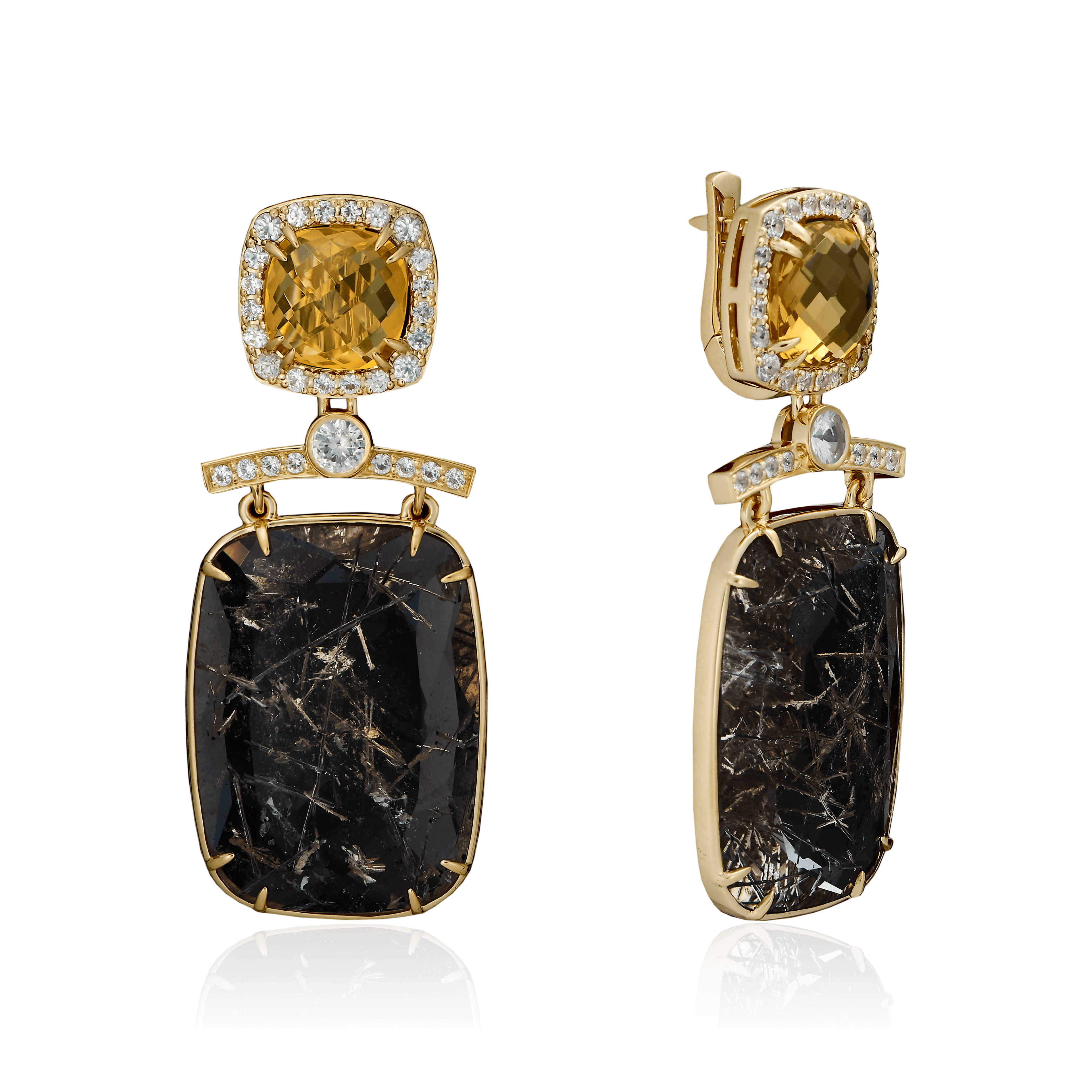 Серьги с кварцем, сапфирами, цитрином из желтого золота 585 пробы, фото № 1