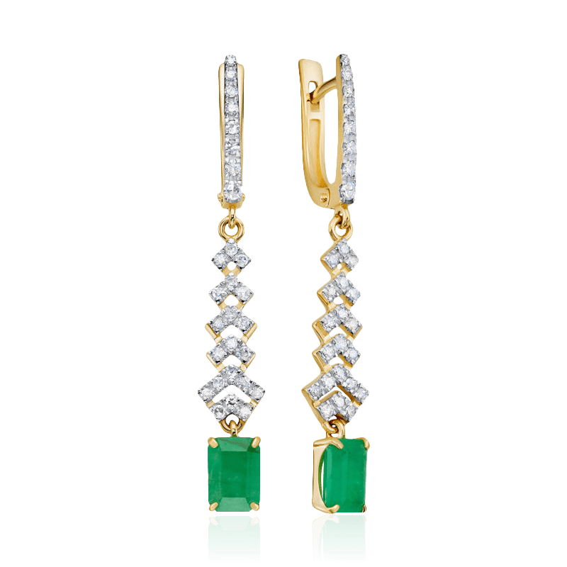 Серьги с изумрудом, бриллиантами из желтого золота 585 пробы (арт. 123993)
