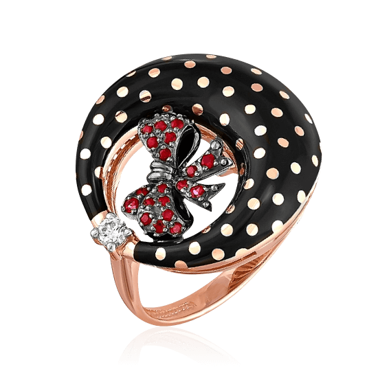 Коктейльное кольцо из красного и белого золота 585 пробы с горячей эмалью с «гороховым» принтом и бриллиантами и бантами в россыпи алых топазов Swarovski, фото № 1