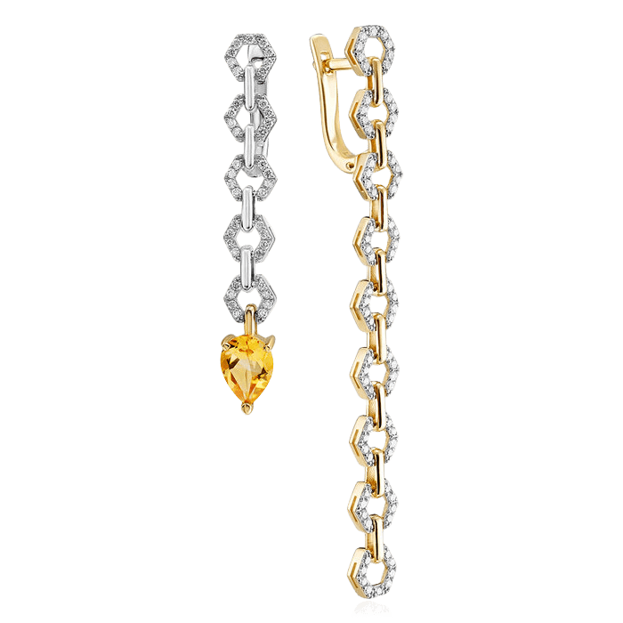 Асимметричные серьги с цитрином, бриллиантами из желтого золота 585 пробы (арт. 92591)