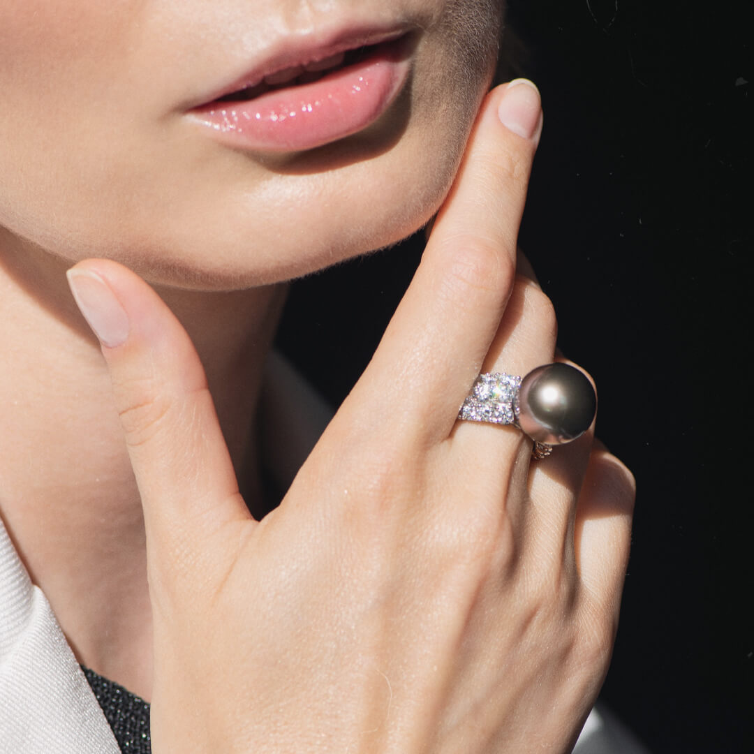 Кольцо с бриллиантами, жемчугом из белого золота 585 пробы, фото № 4