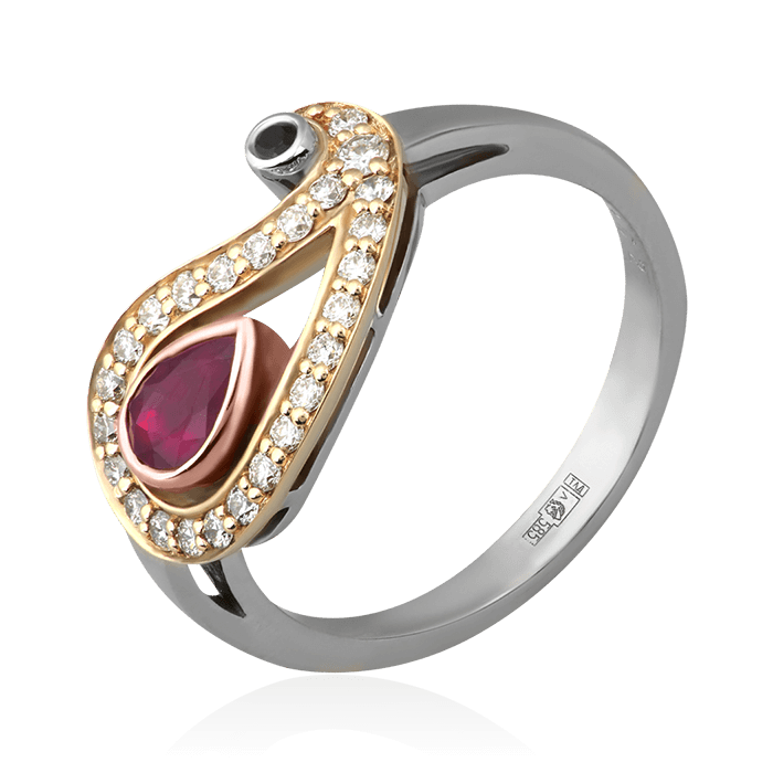 Кольцо с рубином, сапфиром, бриллиантами из комбинированного золота 585 пробы, фото № 1