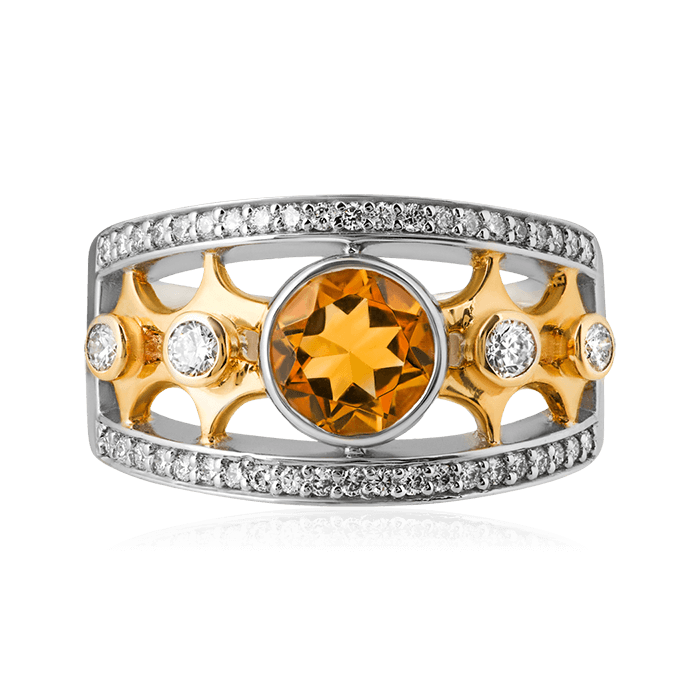 Кольцо с бриллиантами, цитрином из комбинированного золота 585 пробы, фото № 2