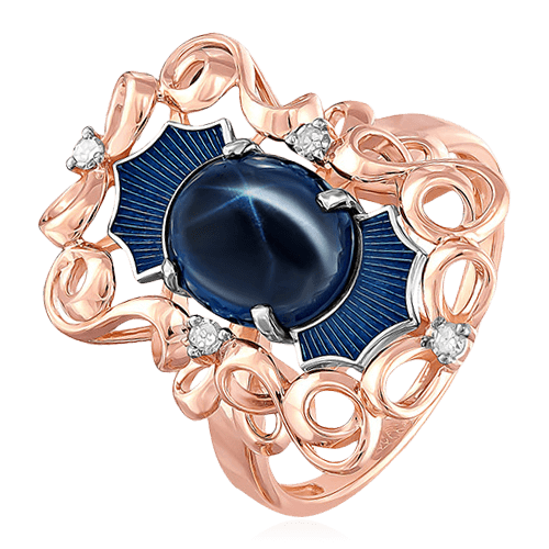 Кольцо с звездчатым сапфиром, бриллиантами из красного золота 585 пробы, фото № 1