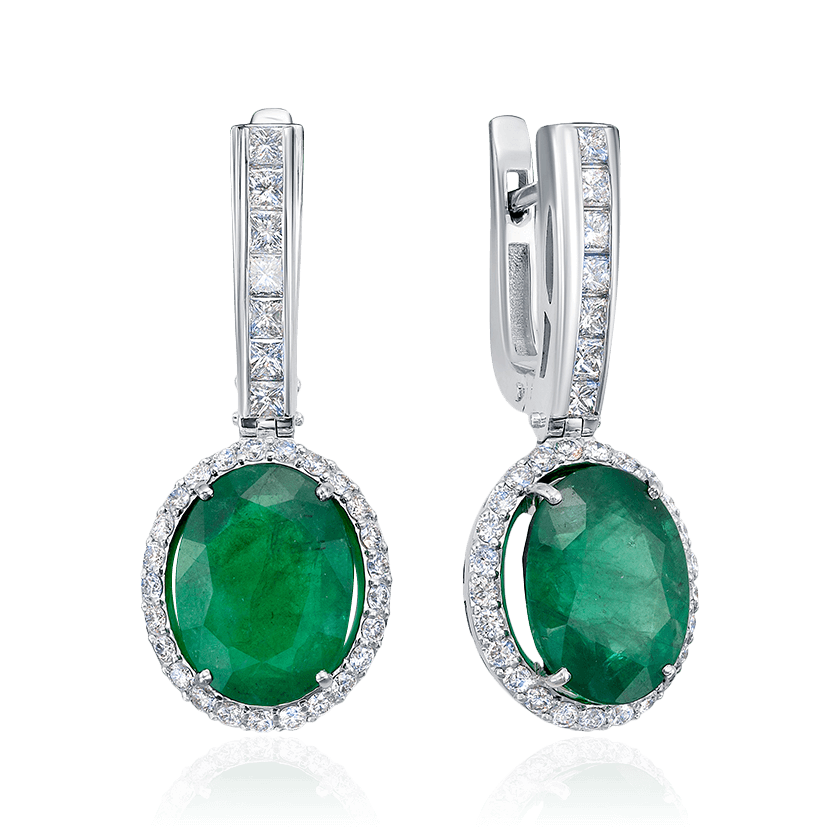 Серьги с изумрудами, бриллиантами из белого золота 585 пробы, фото № 1