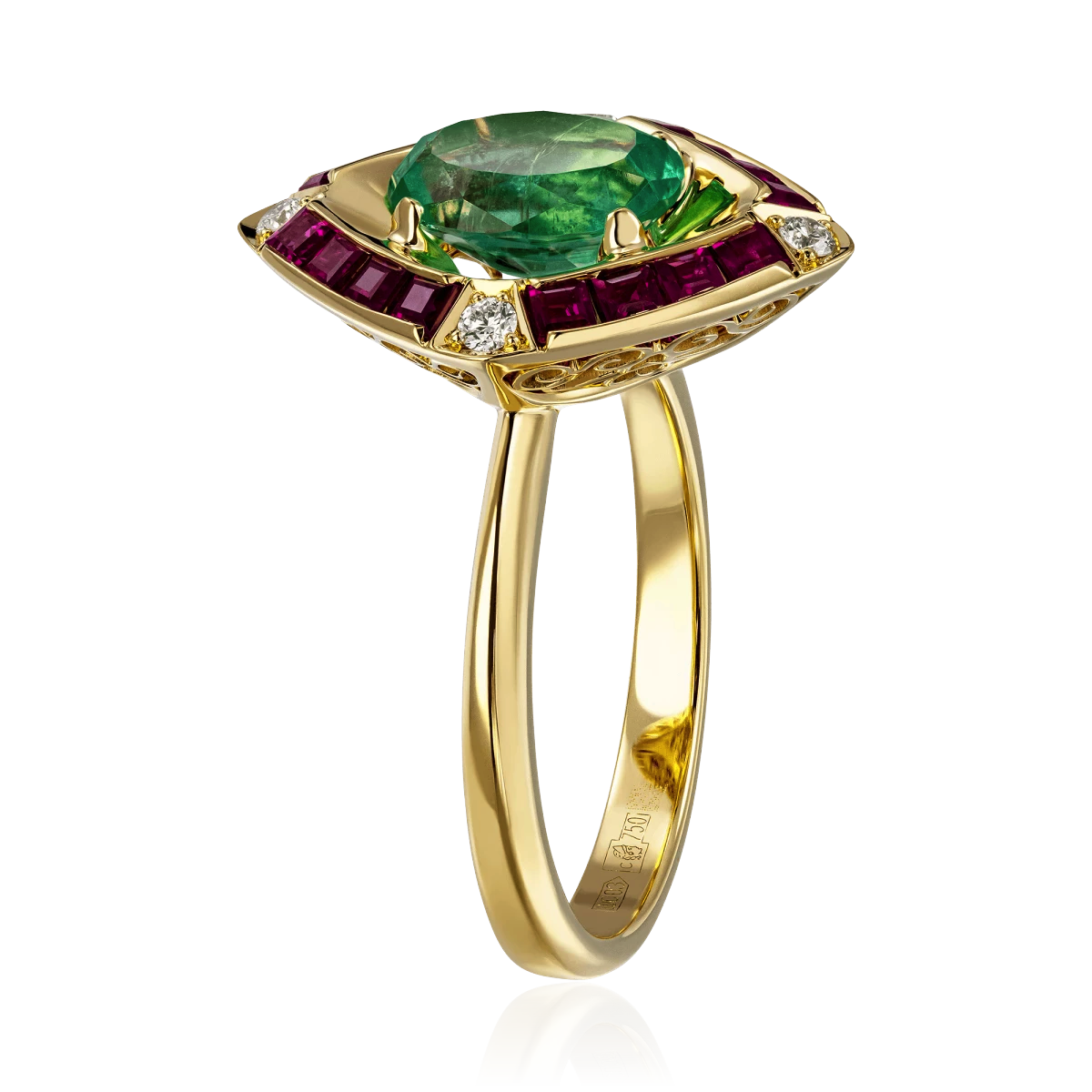 Кольцо с изумрудом, рубином, бриллиантами из желтого золота 750 пробы, фото № 3