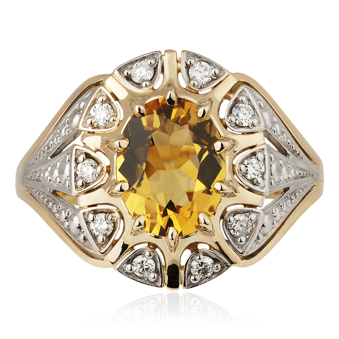 Кольцо с цитрином, бриллиантами из комбинированного золота 750 пробы, фото № 2